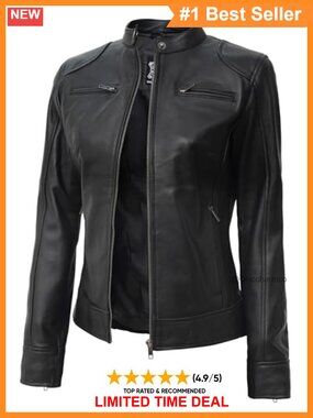 Womens Lambskin Leather Jacket Cafe Racer Quilted Zip Cuff
